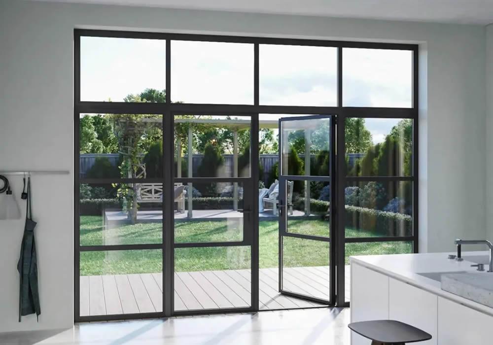 Smart Heritage steel-look aluminium doors onto a garden