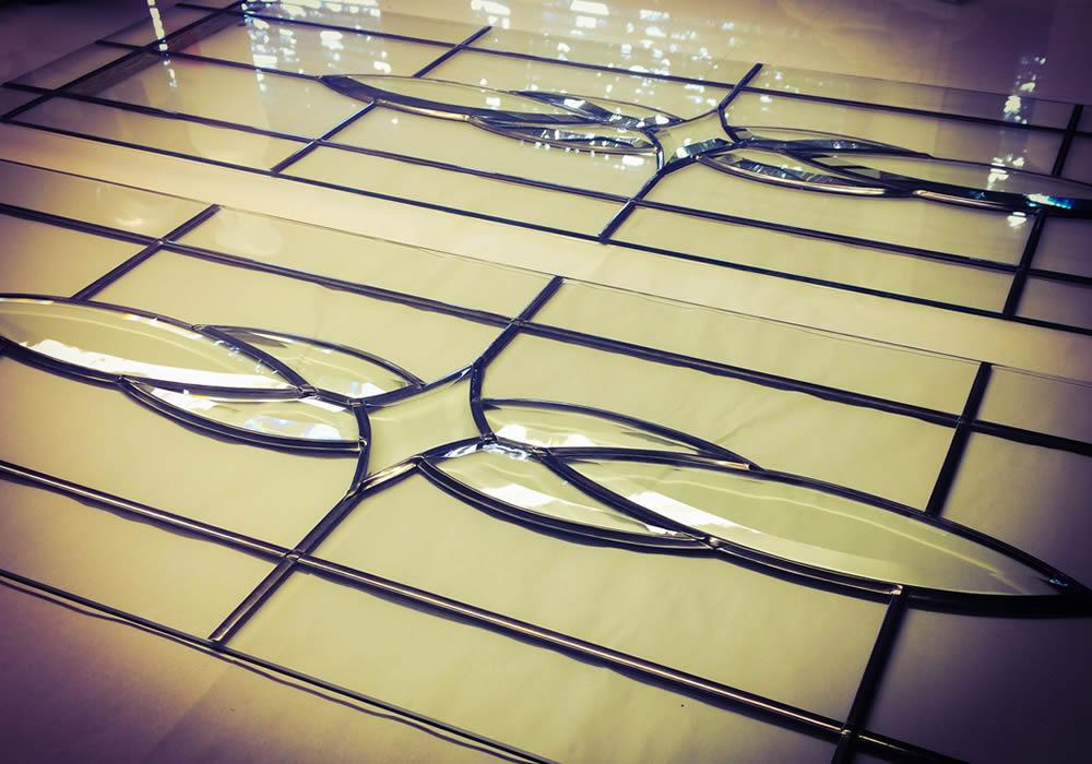 Decorative leaded glass panel in a front door