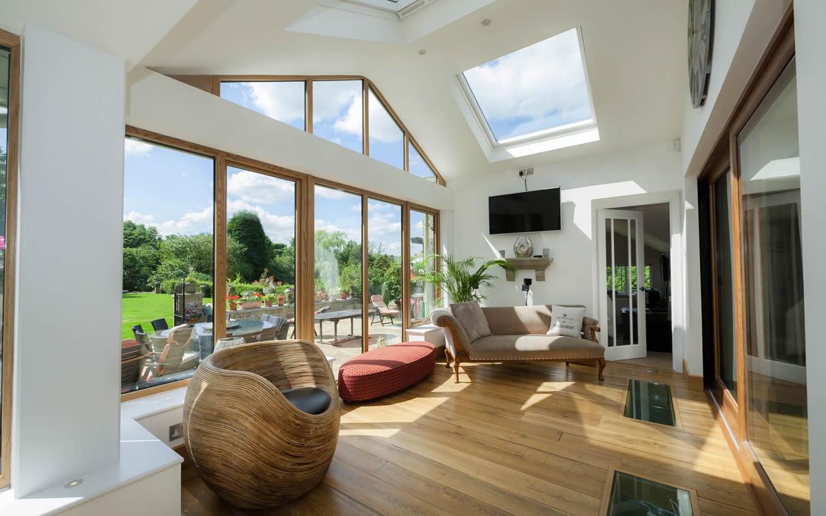 Aluminium clad timber windows in a bright open plan living space